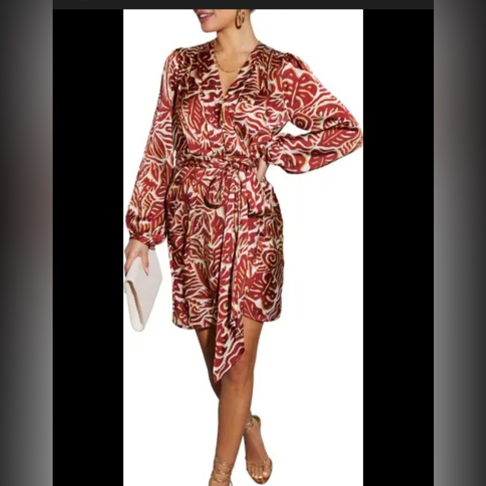 Vici Erin Red and Cream Abstract Tie-Waist Mini Dress